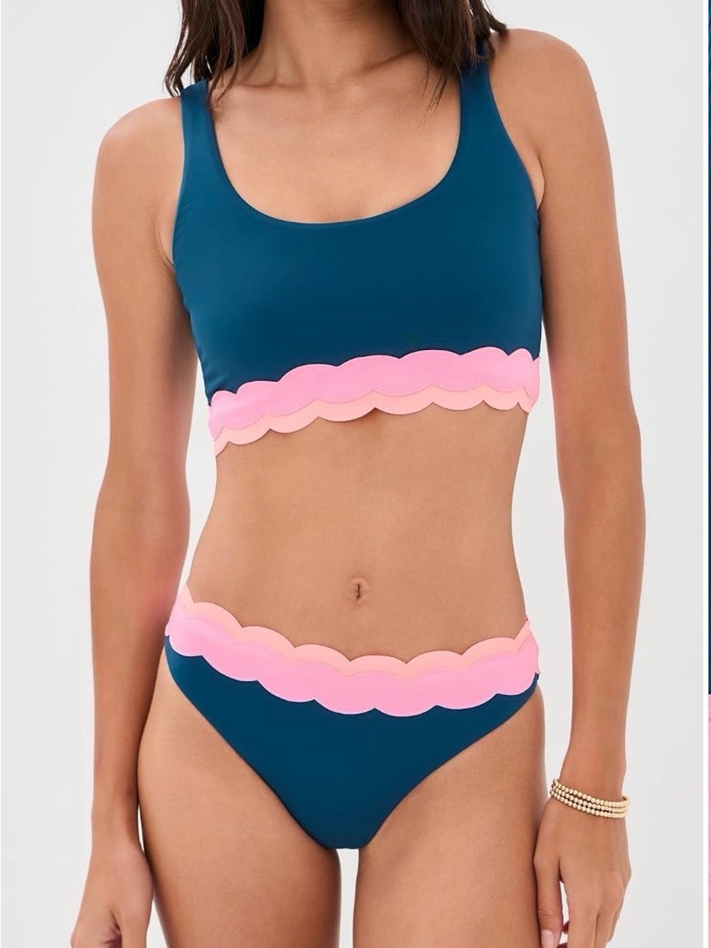 Beach Riot Teal Bikini with Pink Scallop Trim - Women Swim